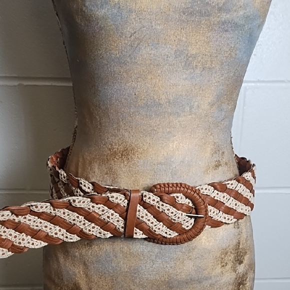 Accessories - Elegant Woven Carmel Brown and Cream Crochet Woven Wide Belt